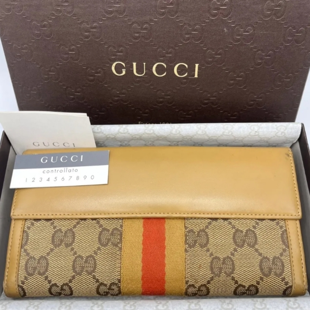 GUCCI tan and red long bi-fold wallet